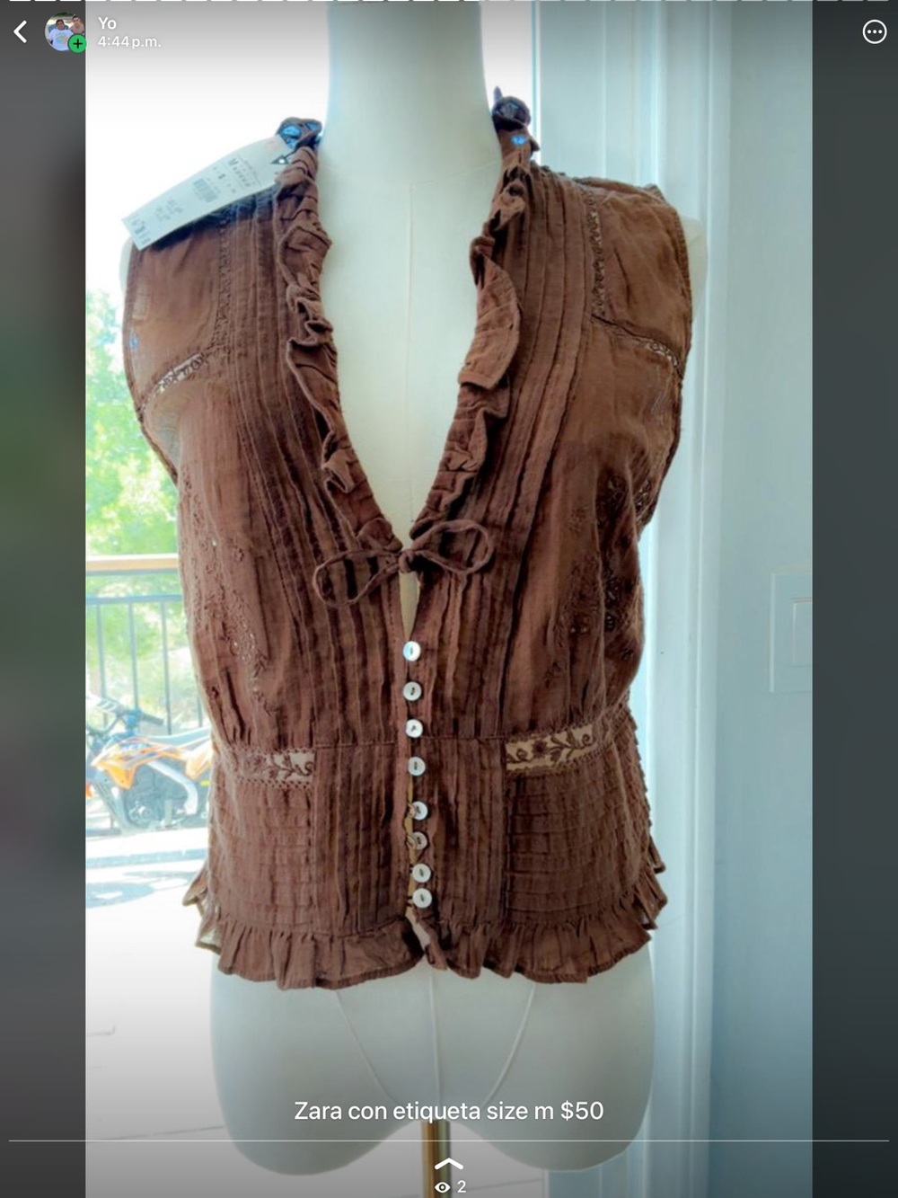 Zara Brown Ruffle-Trim Button Front Sleeveless Blouse